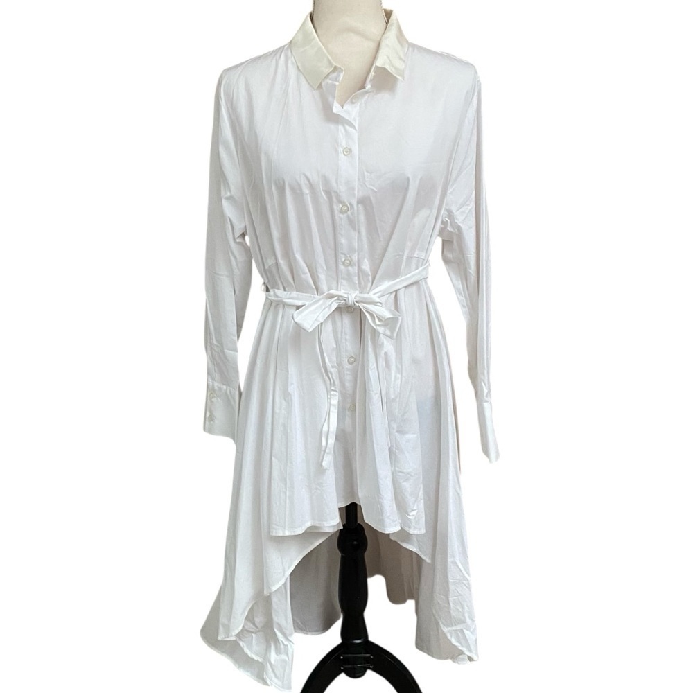 Dubgee by Whoopi NWT White Hi-Low Belted Shirt Dress Tunic XL Cotton - Picture 2 of 13